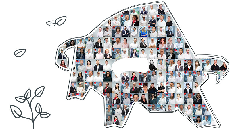 Logotip bika - upodobljen s pomočjo portretov sodelavcev PREFA - pooseblja vrednote in cilje podjetja PREFA Aluminiumprodukte GmbH