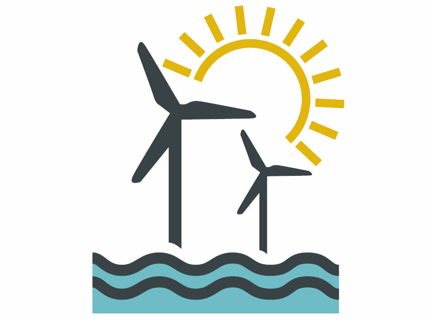 Stilizirana slika z vetrnimi elektrarnami, soncem in vodo, ki predstavlja okolju prijazno električno energijo