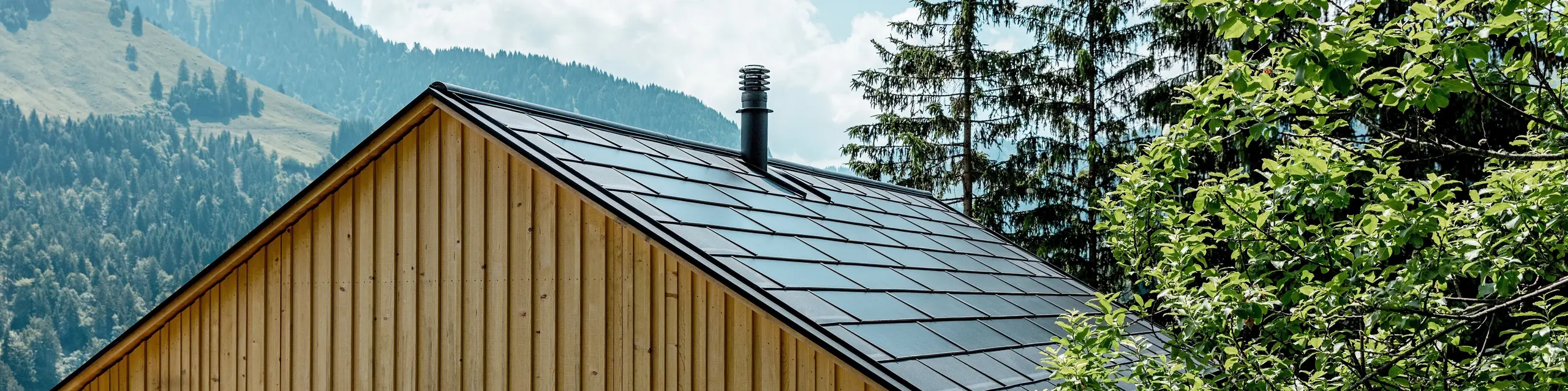 Med zelenimi krošnjami dreves in impresivno gorsko kuliso se hiša Immi kaže kot sodoben kotiček za umik v alpskem Ebnitu. Naravna fasada iz bele smreke se združuje z elegantno PREFA solarno streho v barvi P.10 črna. Vgrajene solarne strešne plošče in strešne plošče R.16 združujejo trajnostno proizvodnjo električne energije, trdno zaščito pred vremenskimi vplivi ter jasno arhitekturo, ki se harmonično vključuje v pokrajino in izpolnjuje najvišje zahteve.