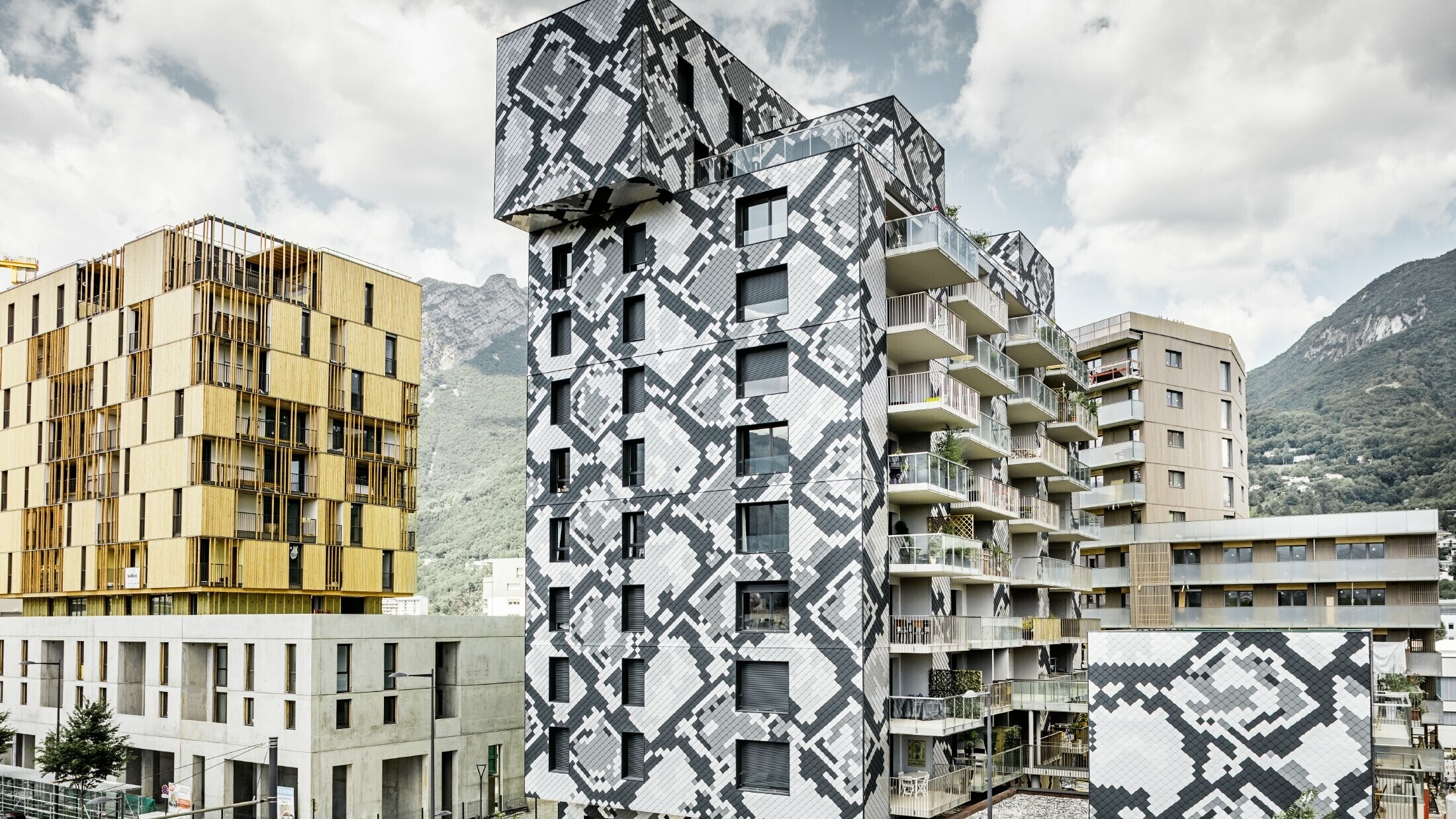 Impresivna zasnova fasade na stanovanjski stavbi "le Python" s kačjim vzorcem; fasada je bila izdelana s fasadna romb PREFA v barvah antracit, svetlo siva, natur in srebrna kovinska.