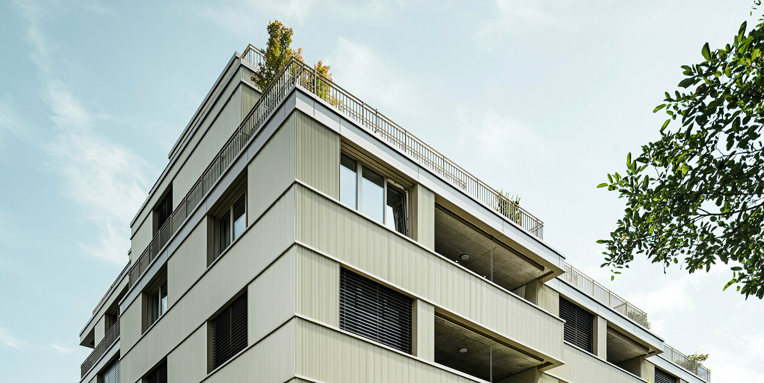 Sodobna stanovanjska stavba "Stetterhaus" v soseski Altstetten obdaja edinstvena fasada z zobčastimi profili PREFA v posebni biserno kovinski barvi.