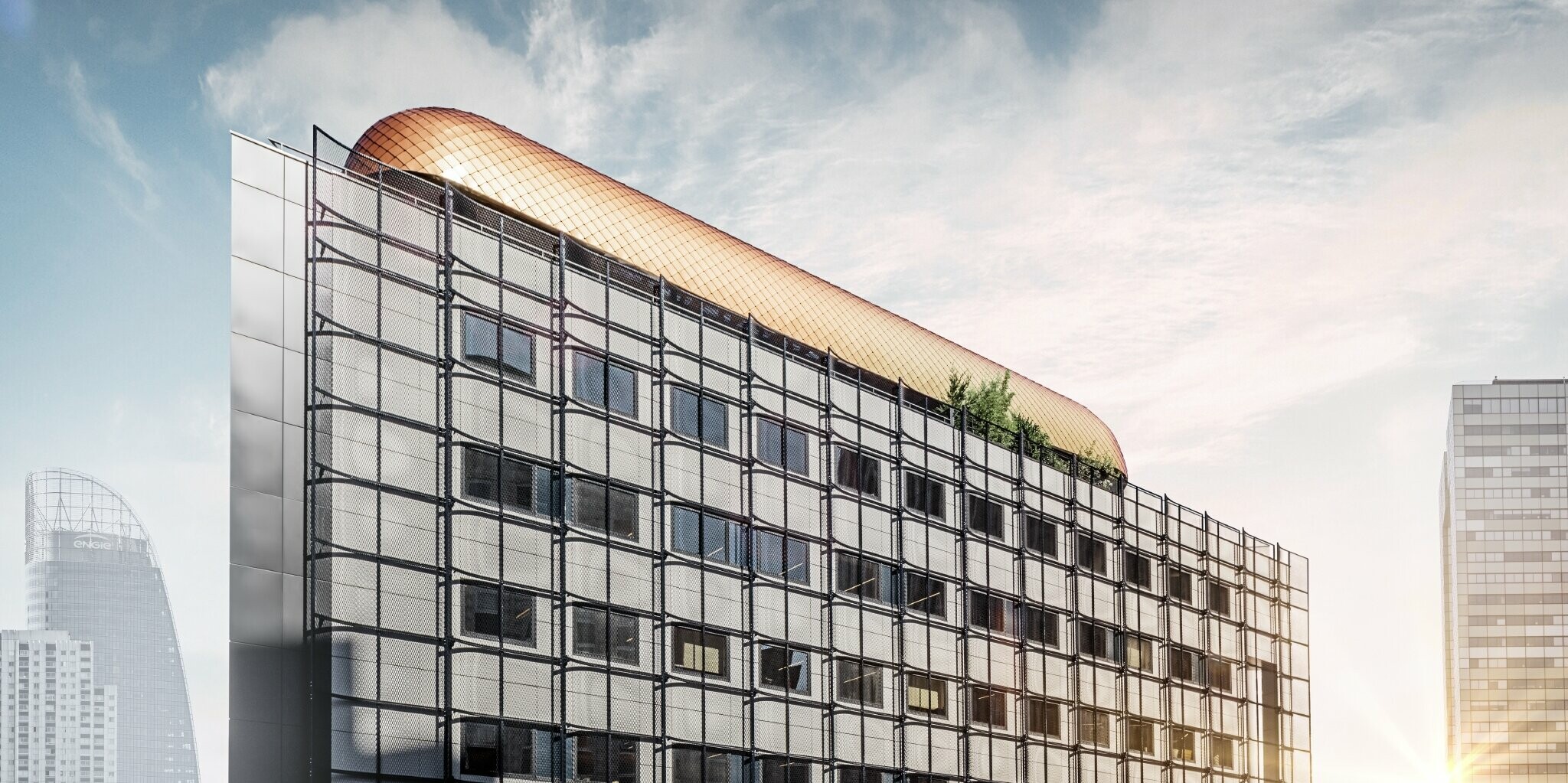 Bürogebäude Blackpearl in Paris mit einem neuen Aufbau verkleidet mit der kupferfarbenen PREFA Dachraute 29 × 29