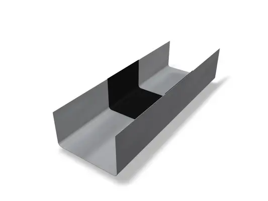Na sliki je prikazana siva dilatacija za pravokotni žleb PREFA brez zaslona in zavitka iz robustnega aluminija. Ta spojni element služi za natančno podaljšanje pravokotnih žlebov in zagotavlja tesno in zanesljivo odvodnjavanje strehe. Dilatacija za pravokotni žleb je na voljo v velikostih 250, 333 in 400.