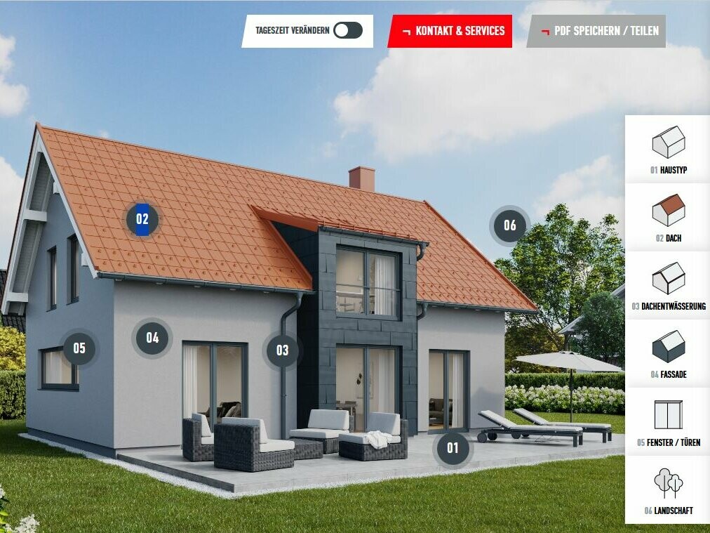 Konfigurator fasade za prenovo fasade: interaktivni prikaz hiše z možnostjo izbire fasadnih, strešnih in okenskih elementov za individualno oblikovanje in načrtovanje nove fasade.