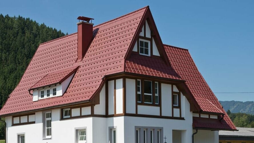 Dvodružinska hiša na podeželju s strešnimi ploščami PREFA v barvi P.10 oksidno rdeča