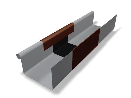 Na sliki je prikazana PREFA dilatacija za pravokotni žleb z zavitkom in zavitkom v anodik rjavi barvi iz visokokakovostnega aluminija. Ta povezovalni element se uporablja za podaljšanje pravokotnih žlebov in zagotavlja tesno, trajno in vizualno privlačno povezavo v sistemu za odvodnjavanje strehe. Dilatacija za pravokotni žleb je na voljo v velikostih 280, 333 in 400.