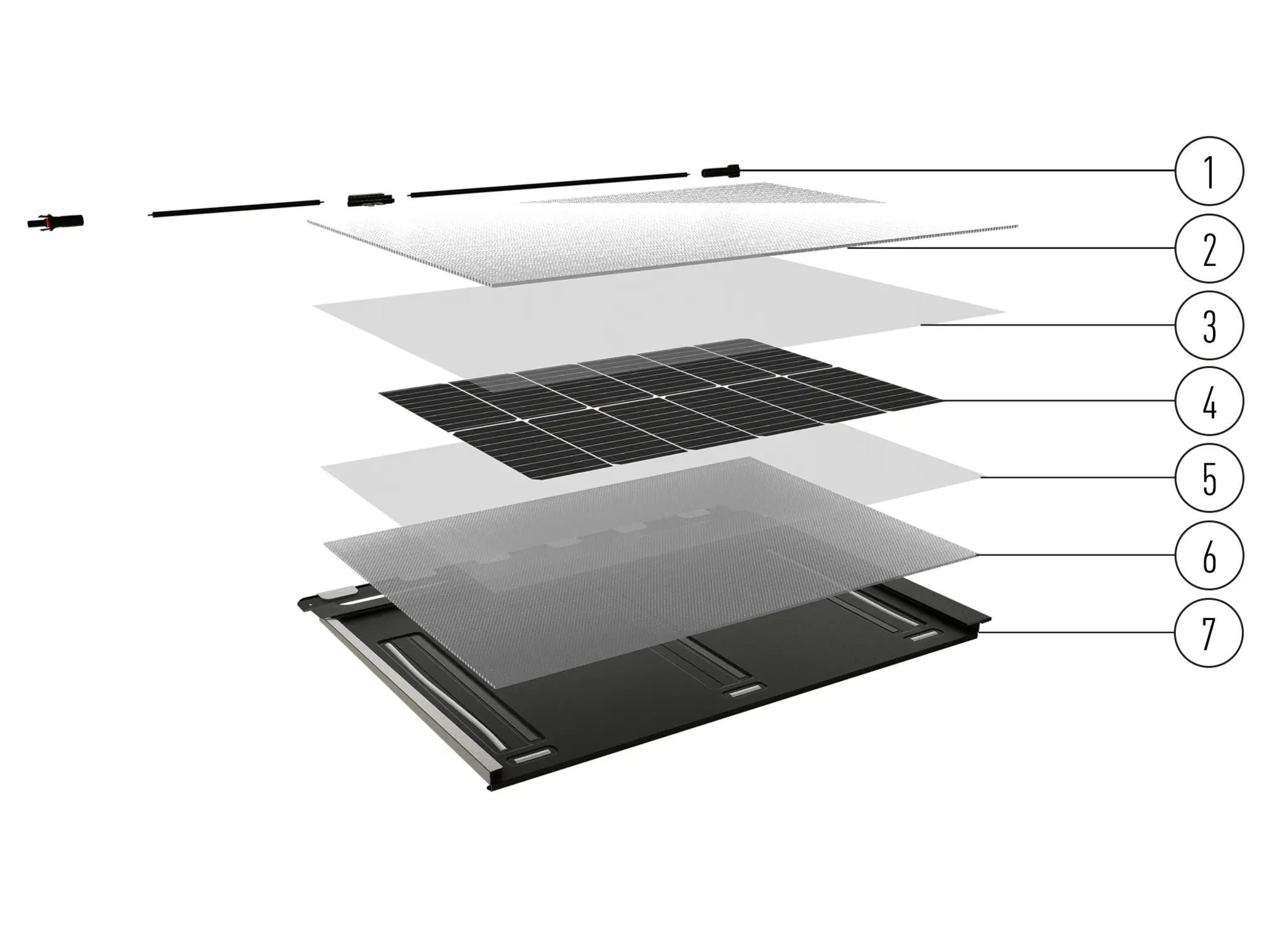 Posamezne plasti solarne strešne plošče PREFA s fotonapetostnim vtičem, prizmatičnim solarnim steklom, materialom za kapsuliranje, fotonapetostno celico, materialom za kapsuliranje, folijo na hrbtni strani in aluminijasto strešno ploščo