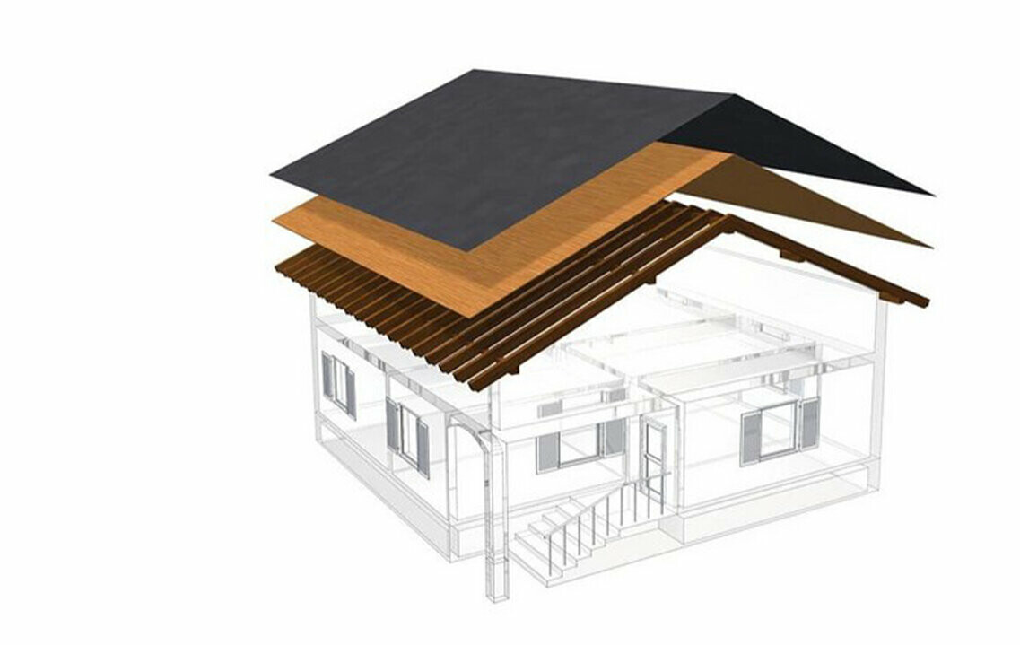 PREFA tehnični prikaz strešne konstrukcije z enojnim opažem – podstrešje ni bivalno, saj služi kot prezračevalni nivo za kovinsko streho; poln opaž in ločilni sloj brez letvic; topla streha