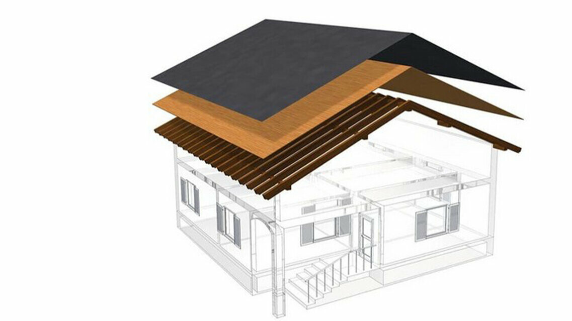 PREFA tehnični prikaz strešne konstrukcije z enojnim opažem – podstrešje ni bivalno, saj služi kot prezračevalni nivo za kovinsko streho; poln opaž in ločilni sloj brez letvic; topla streha