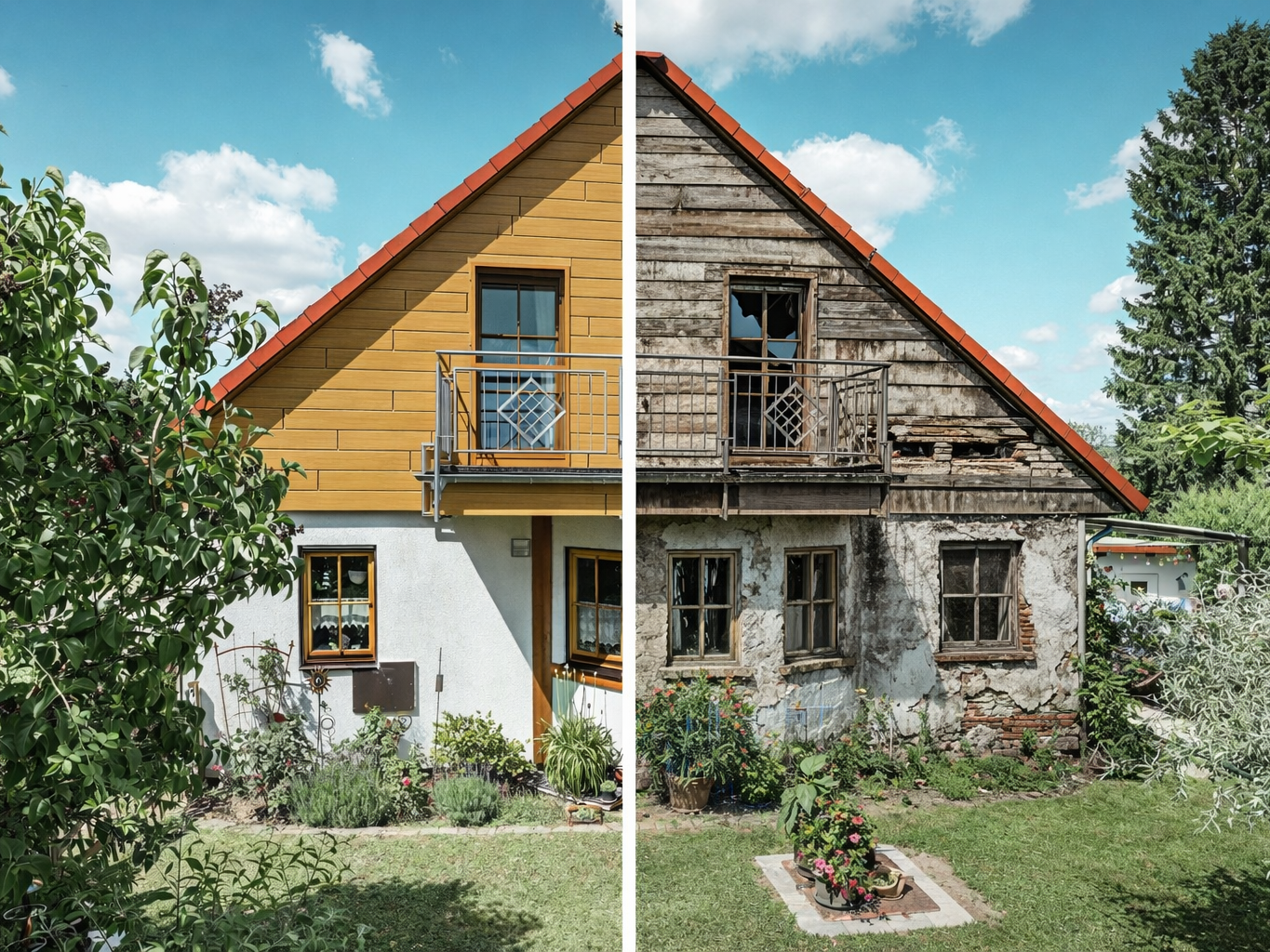 Fotografski prikaz hiše z dvema različnima fasadnima stranema: leva stran prikazuje sodobno, dobro vzdrževano fasado s PREFA aluminijasto fasado v videzu lesa, medtem ko desna stran prikazuje fasado, ki potrebuje prenovo, z razbitimi okni in barvo, ki se lušči. Jasna ločilna črta označuje prehod med obema stanjema, pod jasnim modrim nebom.