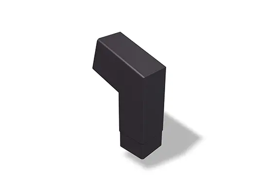 PREFA pravokotno zunanje koleno 72° (kratko), na voljo v velikostih 80 in 100 mm, z dimenzijami 196 x 196 mm (vidno). Ta kompakten cevni kolen omogoča natančno spremembo smeri pri vgradnji pravokotnih cevi v strešne in fasadne sisteme.