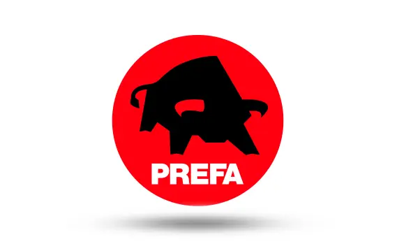 PREFA Logo, roter Kreis mit schwarzem Stier, auf weißem Hintergrund mit Schatten darunter;