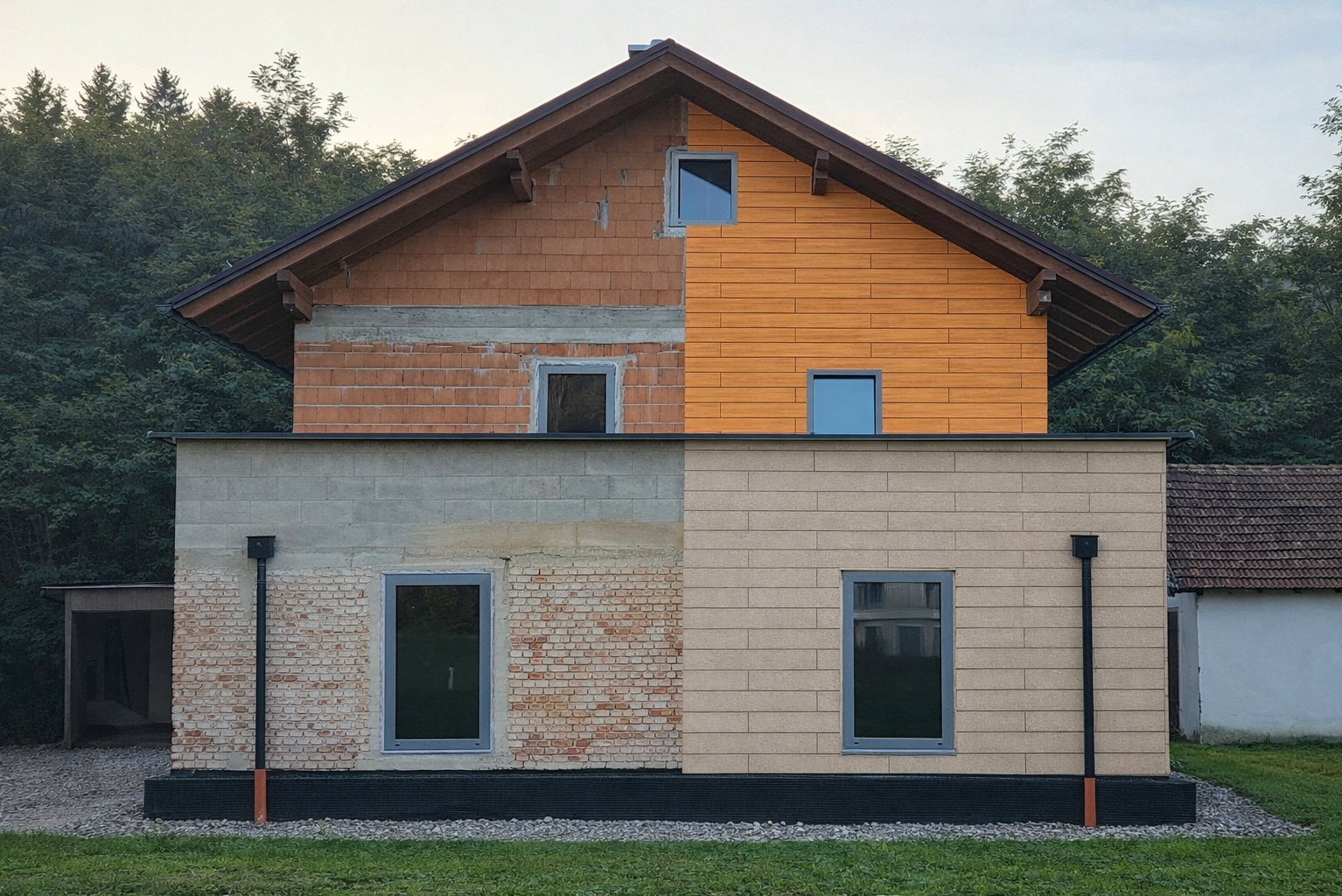 Fotomontaža za prenovo fasade: profesionalno posnet motiv “pred in po” hiše z različnimi fasadnimi materiali za realistično vizualizacijo rešitev prenove. (slika obdelana z umetno inteligenco)