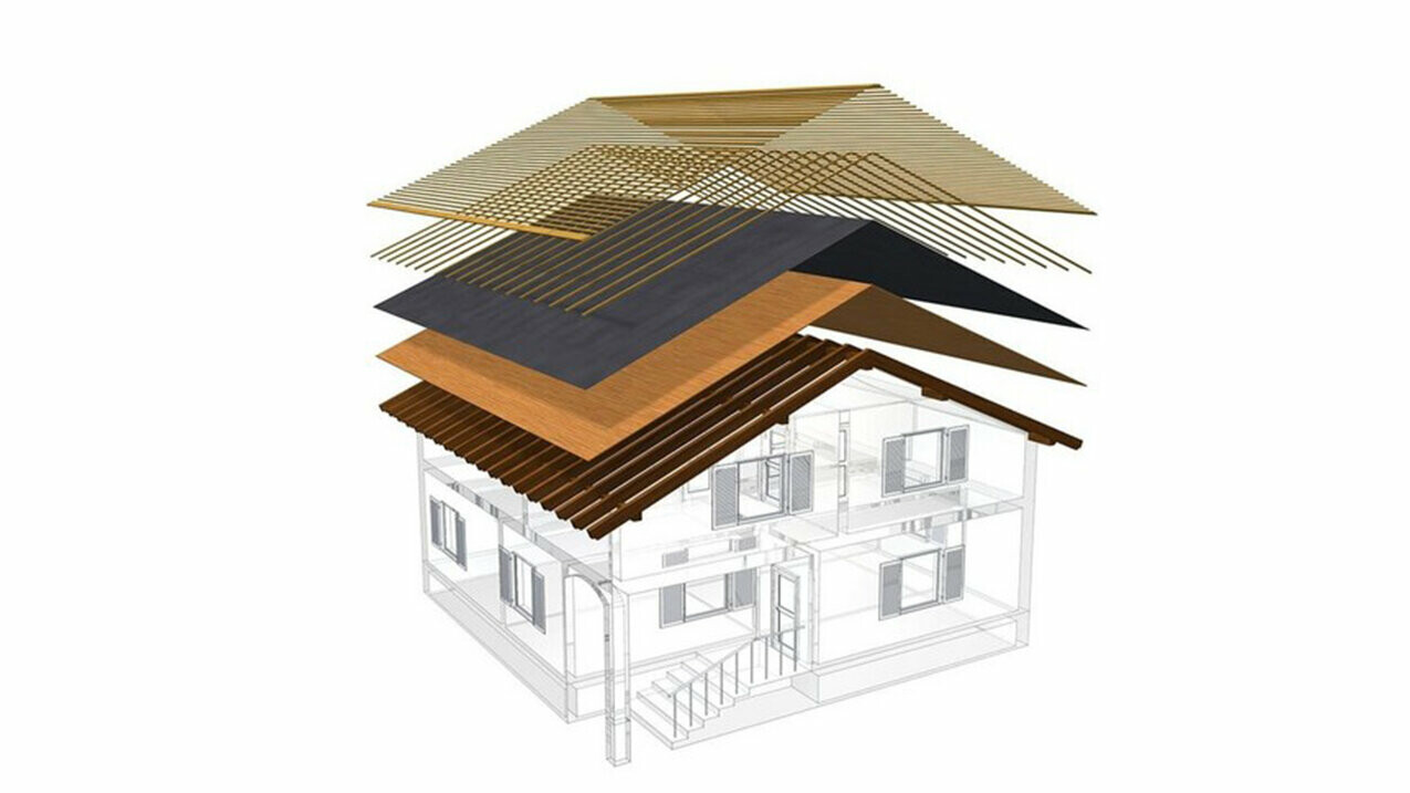 Tehnični prikaz strešne konstrukcije hladne strehe, večslojne strešne konstrukcije z letvami, polnim opažem, ločilno plastjo, ostrešjem; podstrešje se lahko uporablja kot bivalni prostor; strešna konstrukcija z dvojnim opažem, prezračevana strešna konstrukcija; kontra letve