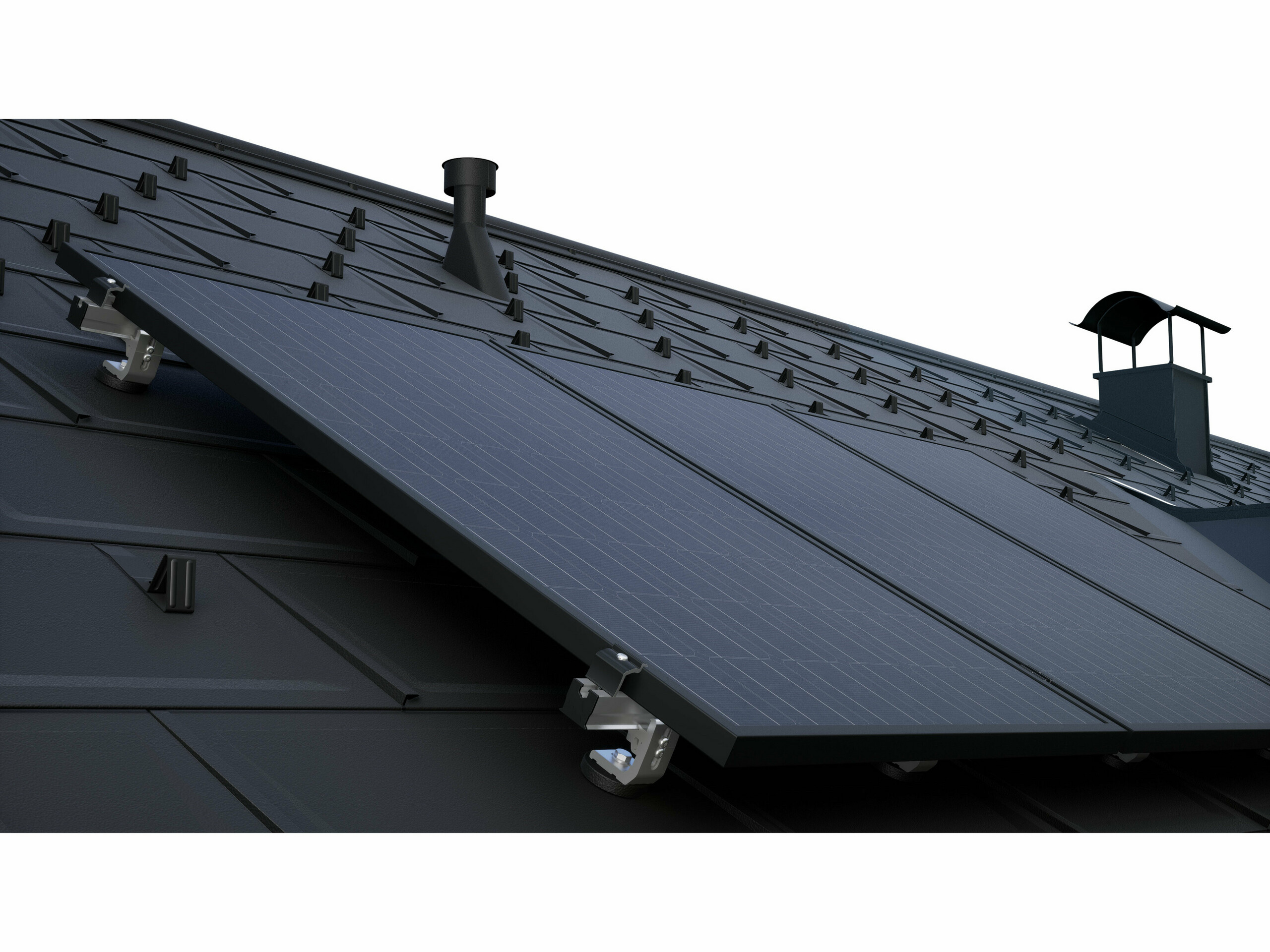 PV moduli, montirani z montažnim solarni sistemom PREVARIO na temni strehi PREFA s strešnimi ploščami R.16.