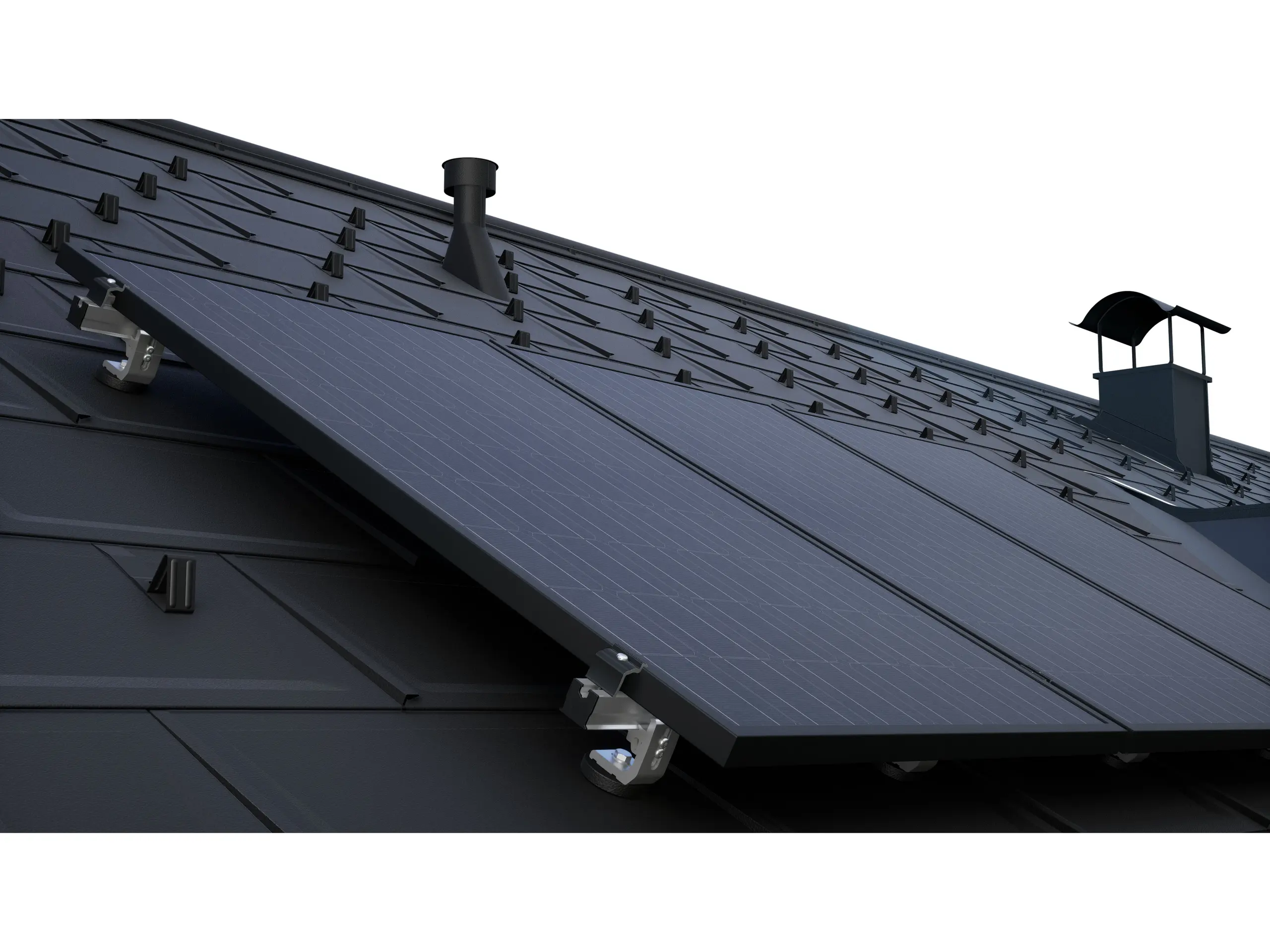 PV moduli, montirani z montažnim solarni sistemom PREVARIO na temni strehi PREFA s strešnimi ploščami R.16.