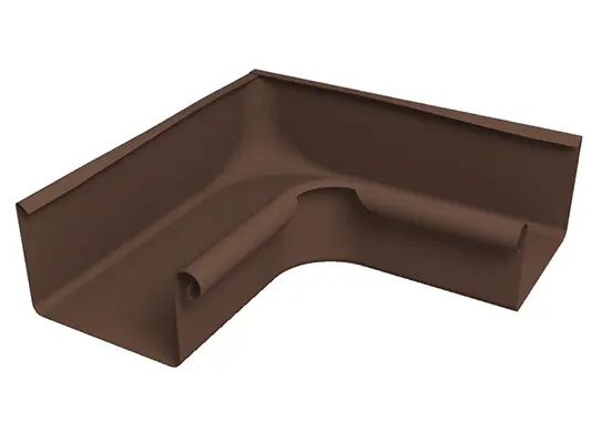 Na sliki je prikazan anodik rjava PREFA kotni pravokotni žleb 90° notranji iz robustnega aluminija. Ta trajna dodatna oprema za strešne žlebe omogoča čisto in tesno povezavo pravokotnih žlebov na notranjih vogalih in podpira zanesljivo odvodnjavanje strehe. Notranji kotnik je na voljo v velikostih žlebov 250, 333, 400 in 500.
