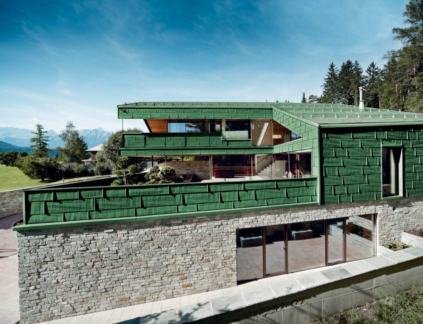 Referenčni objekti PREFA Fasadni sistemi Fasadni panel FX.12 06 P.10 mahovo zelena